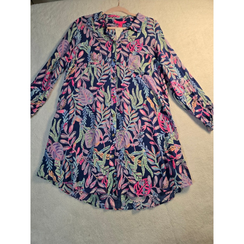 Lilly Pulitzer Natalie Coverup Youve Been Spotted Blue Pink Floral Shirt Dress L